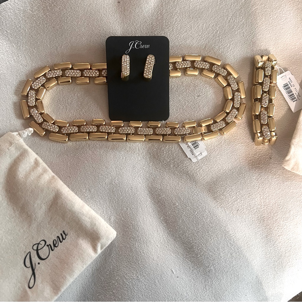 Giftable J Crew Gold Pave Link Statement Set Of Necklace Bracelet Earrings 150$